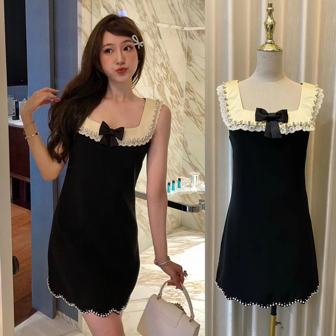 높음 세트 2026 여름 새로운 관대 한 칼라 배색 레이스 수공 못 스와로브스키 진주 민소매 조끼 여성 드레스