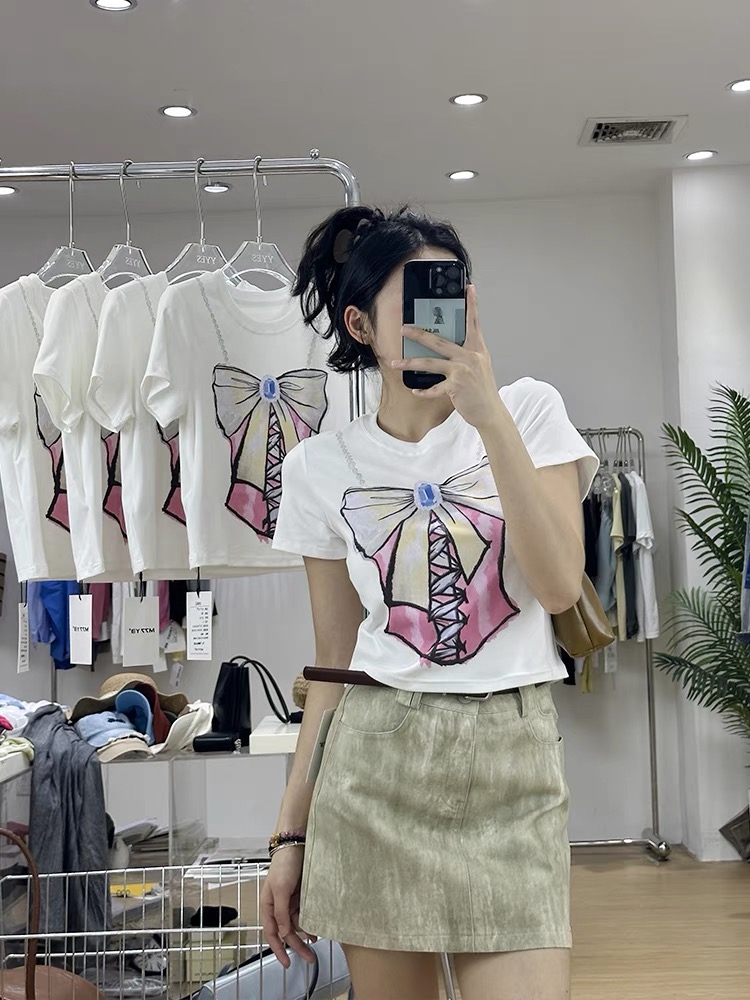 LN29849# M77美少女蝴蝶结短袖T恤女夏季新款韩版短款上衣