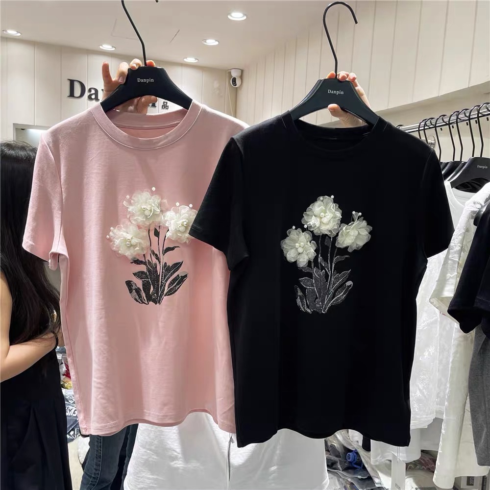 LN29850# 单品DANPIN夏季韩国打底镶嵌花朵印花半袖时尚潮流T恤上衣