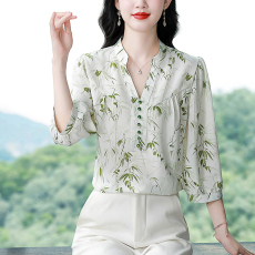 批发实拍2025夏季小清新真丝<b class='q'>印花</b>简约新中式立领洋气设计感 女士上衣