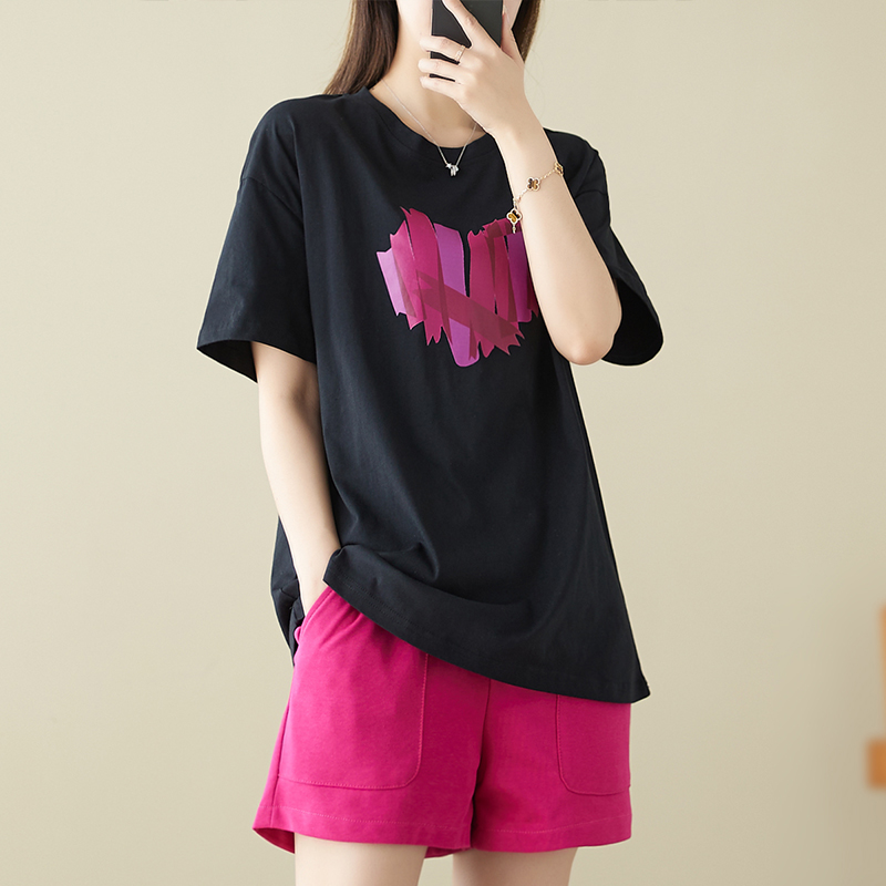 RY2036# 微胖显瘦套装减龄2026夏季新款印花短袖t恤上衣+阔腿短裤...