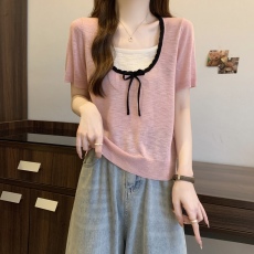 批发实拍~大码胖MM夏季新款简约百搭宽松型方领拼色<b class='q'>假两件</b><b class='q'>针织衫</b>上衣