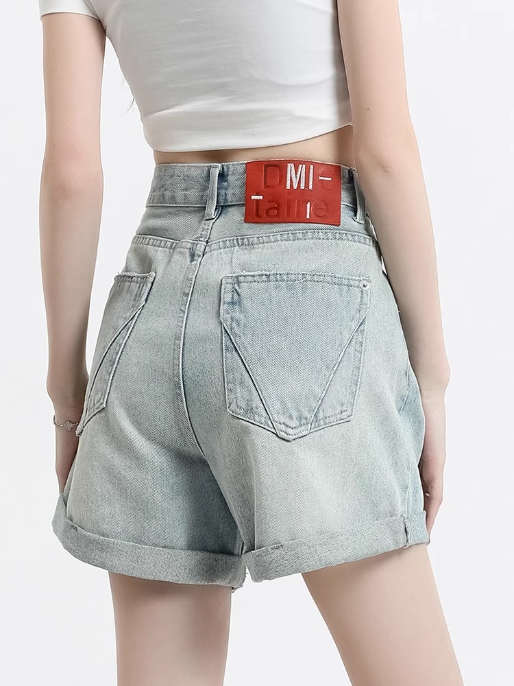 FYQ-Summer denim shorts for women 2024 new high-end European curled hot pants high waist