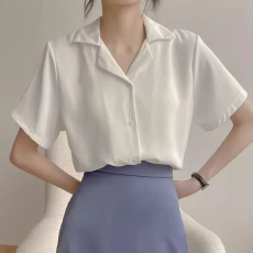 批发韩国<b class='q'>外贸</b>新款夏季学院风复古韩版翻领短袖衬衫女纯色上衣女