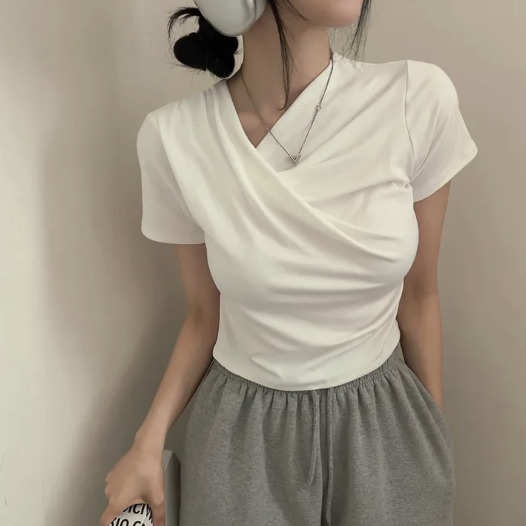 LN32280# 韩国chic设计感荡领修身显瘦弹力短袖T恤辣妹短款上衣 服裝批發女裝批發服飾貨源