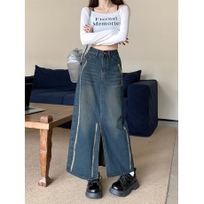 批发实拍高腰设计感<b class='q'>牛仔</b>半身裙女2025新款早秋遮胯a字中长款包臀裙子