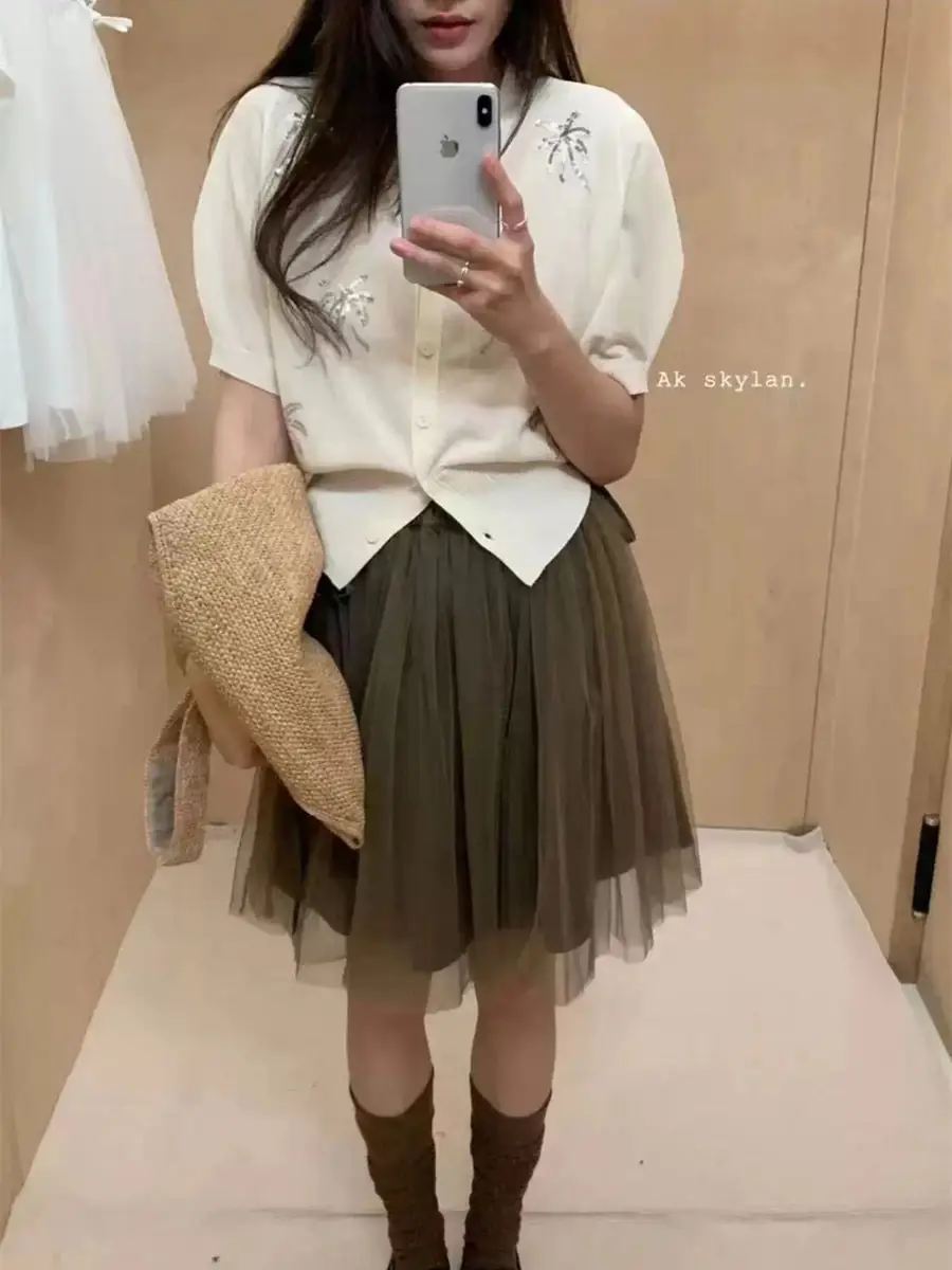 식물 플라워 퍼프소매 가디건 상세 이미지 4