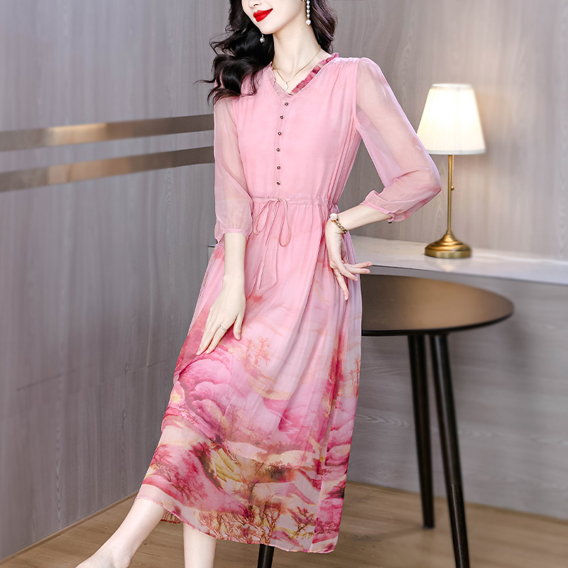 MY8574# 高端仿丝连衣裙夏季新款粉色显瘦气质裙温柔法式印花中长裙女裝貨源服裝批發