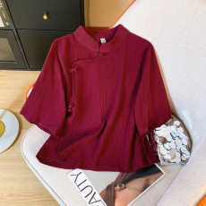批发2026新款新中式实拍春夏棉麻<b class='q'>上衣</b>小开衫复古五分<b class='q'>袖</b>盘扣茶服t恤衫