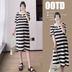 实拍 条纹针织polo领孕妇装衣裙夏季韩版休闲宽松刺绣中长裙