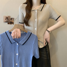 批发法式复古polo领冰丝镂空针织开衫女夏季薄款别致翻领短袖T恤上衣