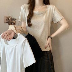 批发实拍方领t恤女<b class='q'>短袖</b>新款修身显瘦内搭纯棉正肩打底半袖上衣体恤