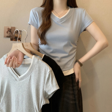 批发实拍V领假两件短袖T恤女夏季<b class='q'>韩版</b>修身显瘦短款打底上衣<b class='q'>小衫</b>