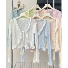 批发法式复古镂空纯色木耳边防晒开衫女夏季薄款配吊带裙外搭系带披肩