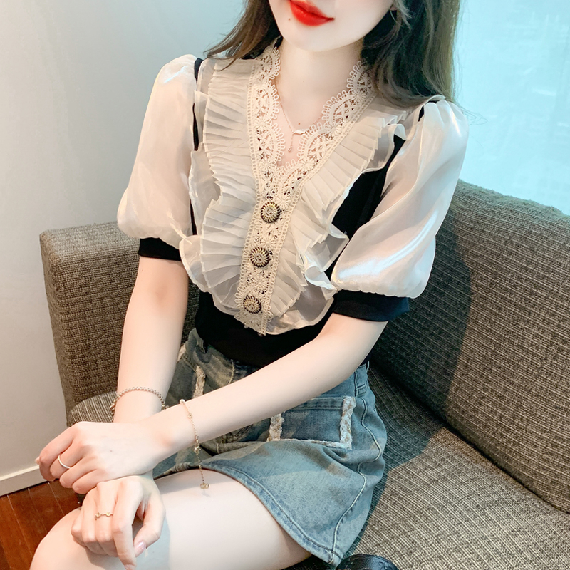 LN29717# 夏韩版设计感短袖洋气拼蕾丝袖重工钉珠V领上衣t恤 服裝批發女裝批發服飾貨源