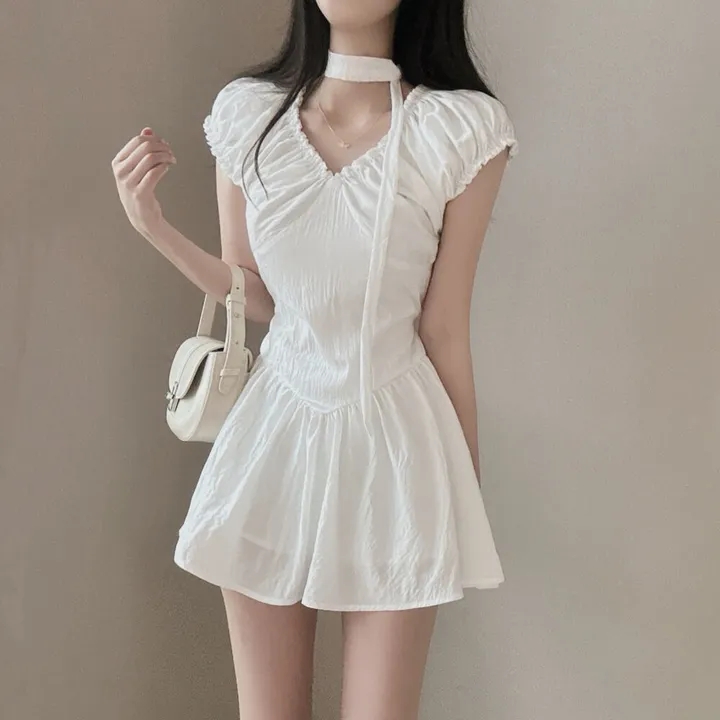 있음 선적 패션 V넥 허리 수축 목 끈 개성 드레스