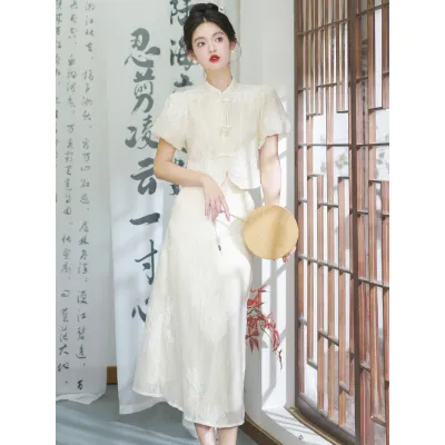 新中式女装国风套装改良旗袍年轻款少女复古盘扣上衣半身裙两件套