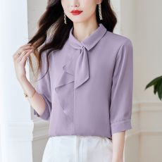 批发七分袖飘带雪纺衬衫女夏季新款中袖法式洋气桑蚕丝上衣小衫