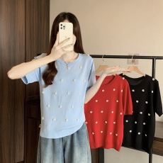 批发实拍大码女装夏季新款胖mm宽松短袖圆领重工钉珠针织衫