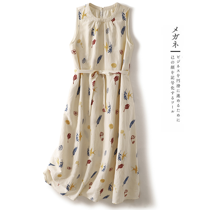 2026 여름 프린트 면 린넨 드레스 문예 연령 감소 민소매 아마 조끼 롱 스커트