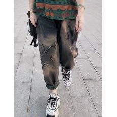 批发官图复古水洗做旧<b class='q'>牛仔</b>裤女2026春夏新款渐变贴布九分老爹<b class='q'>哈伦裤</b>潮