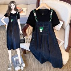 批发假两件牛仔连衣裙女夏季2026新款时尚洋气胖mm宽松遮肉显瘦<b class='q'>背带</b>裙
