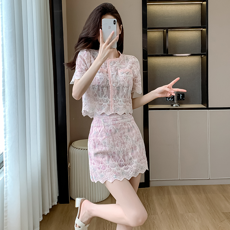 PF9110#轻奢名媛风粉色蕾丝法式套裙女夏季短袖设计感重工半身裙套装女裝...