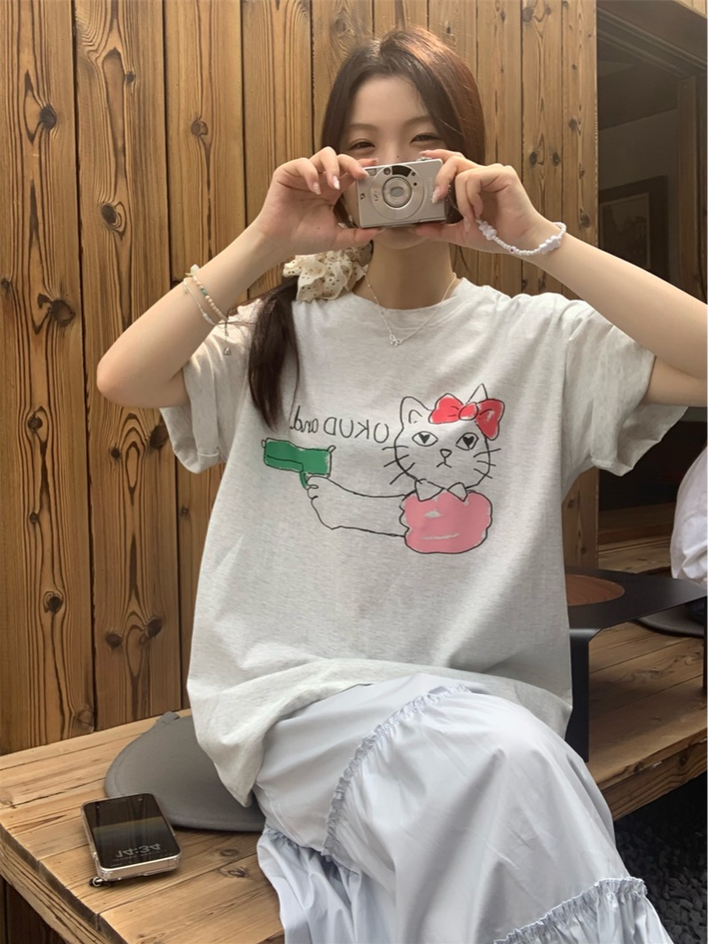 LN30415# 韩系可爱趣味猫咪印花短袖宽松T恤上衣 服裝批發女裝批發服飾貨源