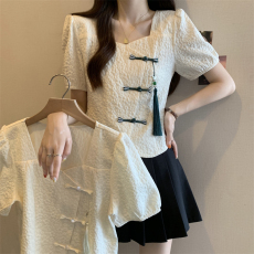 批发实拍~大码胖MM新中式斜盘扣提花<b class='q'>短袖</b>女2026夏季别致国风上衣