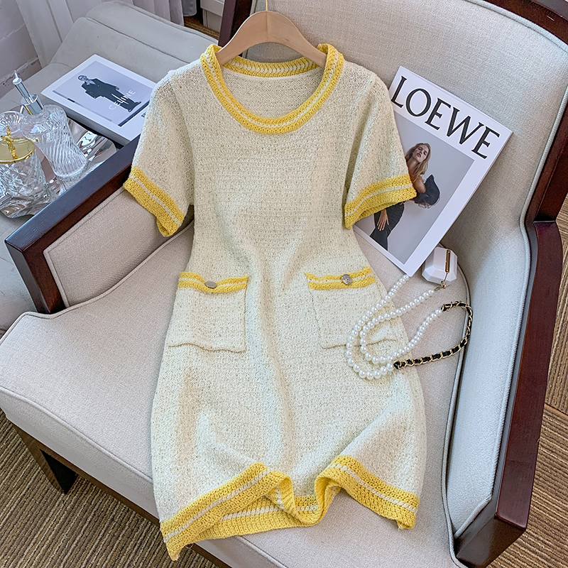 LN30053# 小香风撞色圆领针织连衣裙女夏季新款法式甜美显瘦裙子
