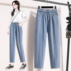 批发2026年春夏天丝冰凉宽松显瘦高腰薄款九分<b class='q'>牛仔</b><b class='q'>哈伦</b>裤女 浅色