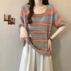 批发实拍 大码女装夏季胖妹妹渐变拼色方领微胖<b class='q'>针织衫</b>胖mm短袖上衣