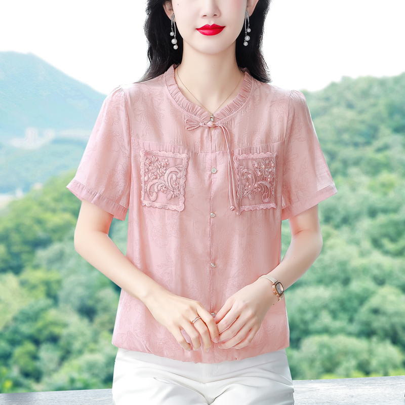 PF12352#新中式夏装新款洋气高贵小衫时尚百搭短袖衬衣气质上衣女女裝貨源服裝批發
