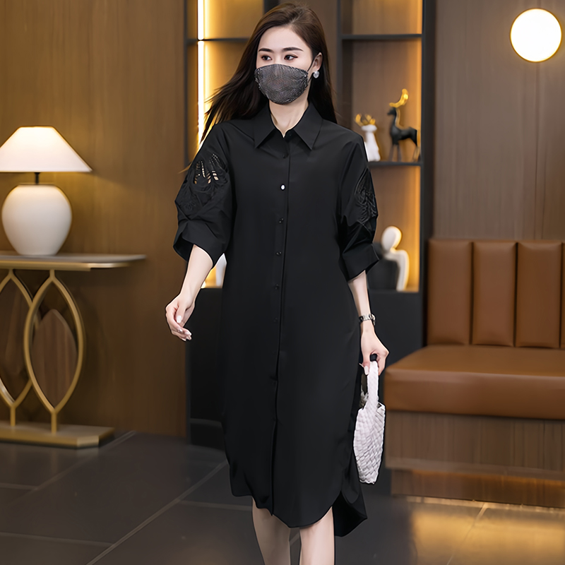 PF10330#新中式镂空刺绣宽松显瘦遮肉高级感气质衬衫裙女裝貨源服裝批發