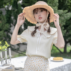 批发实拍 夏季新款韩版刺绣系带娃娃领甜美短袖衬衫上衣女