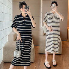 批发实拍孕妇夏装新款短袖时尚款宽松气质显瘦孕妇条纹连衣裙夏季