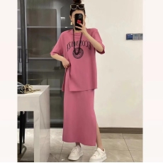 批发夏季新款时尚慵懒风套装裙女设计感开叉字母印花T恤<b class='q'>半身裙</b>两件套