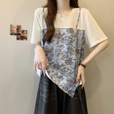 批发~实拍胖MM大码设计感小众吊带拼接假两件短袖T恤显瘦遮肉上衣