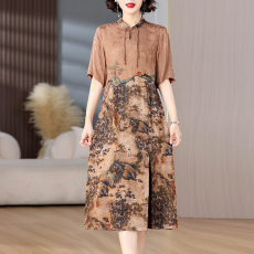 批发2026夏季高端香云纱印花刺绣中式国风改良旗袍真丝拼接<b class='q'>连衣裙</b>