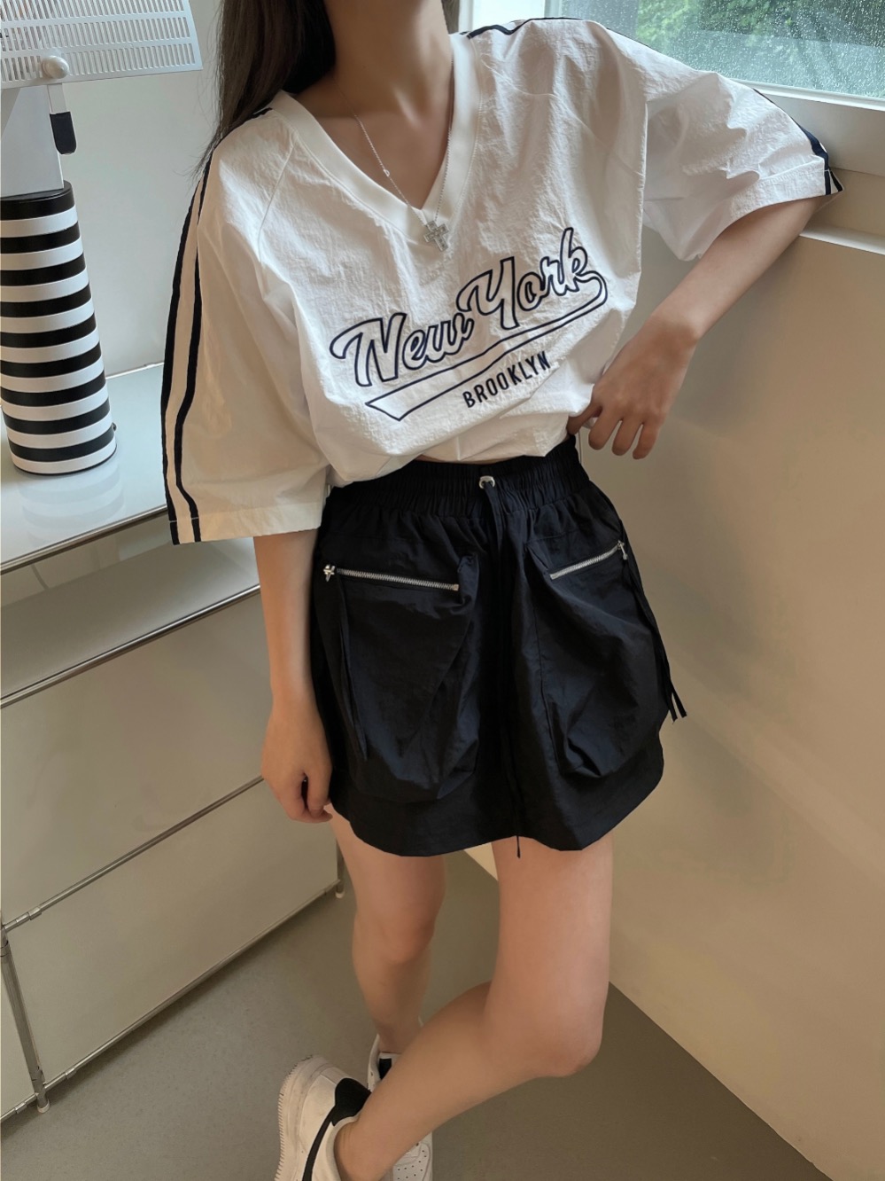 있음 선적 삼색 캐주얼 아메리칸 자수 알파벳 삽입 어깨 소매 맨위