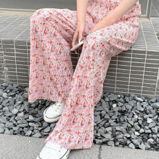批发外贸原版韩版大码女装碎花拖地裤粉色高腰垂感休闲裤压褶直筒裤