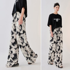 批发外贸原版大码女装墨画晕染压褶休闲阔腿裤女春夏薄款高腰垂感直筒