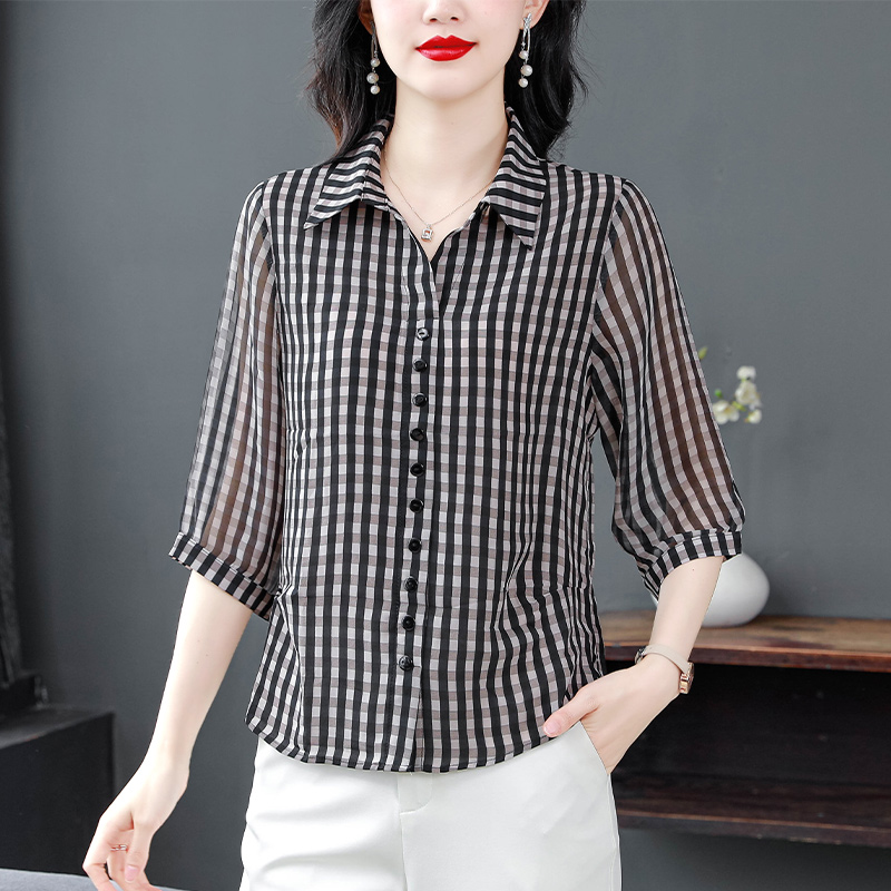 봄 여름 외국 가스 양 셔츠 옷깃 얇은 섹션 래티스 셔츠 소매 여가 와일드 중년 어머니 드레스 맨위