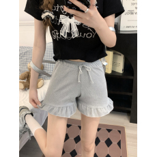 批发实拍实价 百搭休闲女装花边华夫格短裤夏季新款松紧腰运动裤热裤