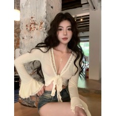批发实拍实价夏罗马假日<b class='q'>甜美</b>纯欲风花边针织开衫女绑带防晒开衫短上衣