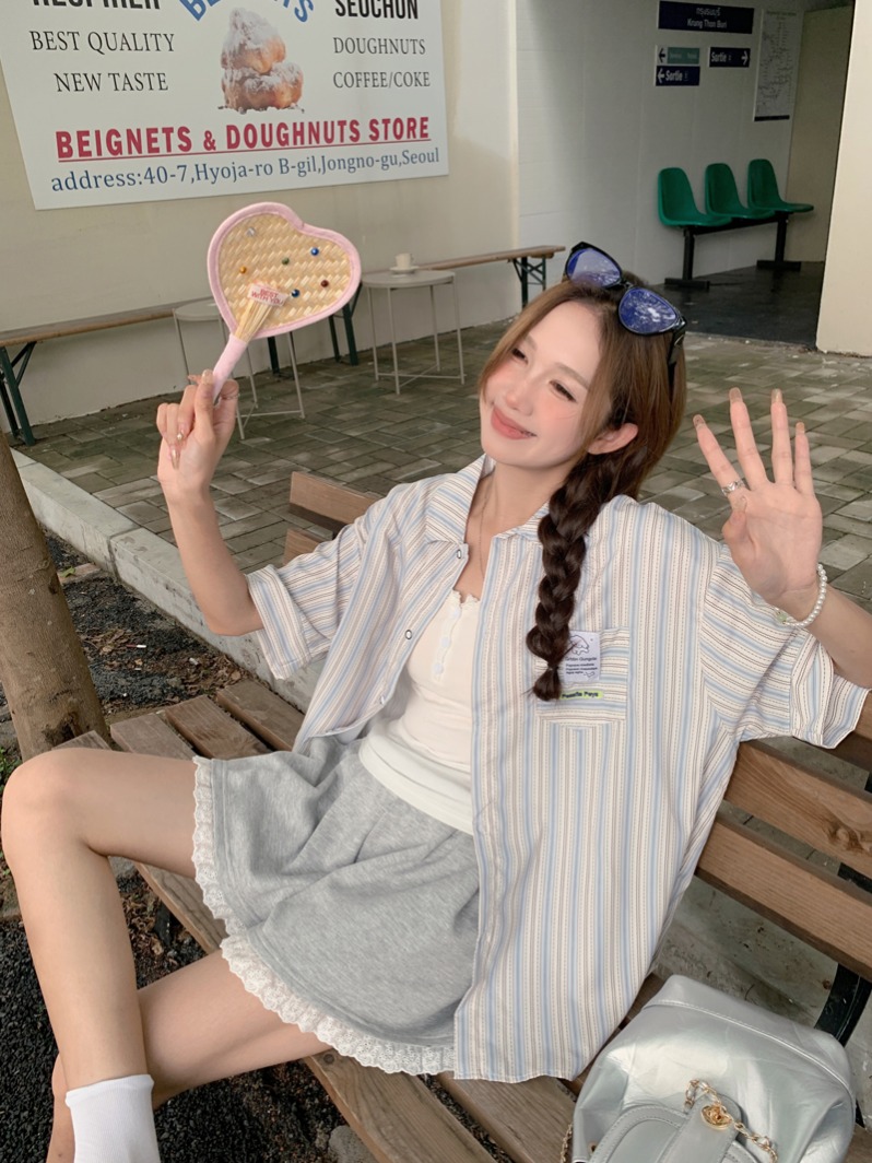 실사 여름 귀여운 패치 자수 강아지 루즈핏 스트라이프 셔츠 다용도 캐주얼 5 점 소매 오픈 가디건 맨위