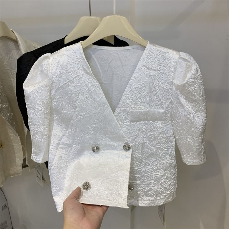 LN29472# 韩版V领短袖薄款短外套女夏季新款设计感小众重工高级感小衫 服裝批發女裝批發服飾貨源