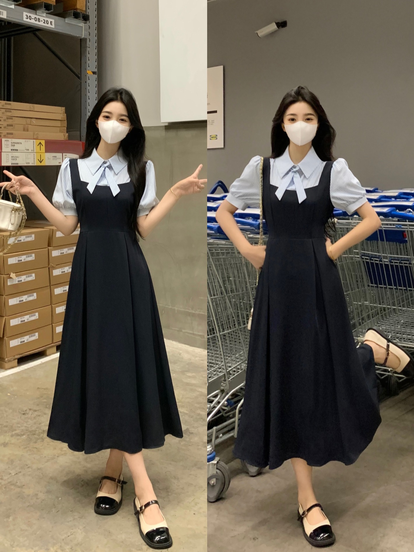 실사 빅 사이즈 여성 의류 학원 스타일 문예 나비 매듭 반팔 여성 드레스 허리 수축 출퇴근 면접 셔츠 드레스