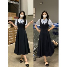 批发实拍<b class='q'>大码</b>女装学院风文艺蝴蝶结短袖连衣裙女收腰通勤面试衬衫裙