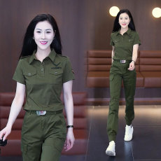 批发帅气<b class='q'>迷彩服</b>女装黑色短袖休闲工装长裤<b class='q'>套装</b>夏季新款显瘦束脚直筒裤